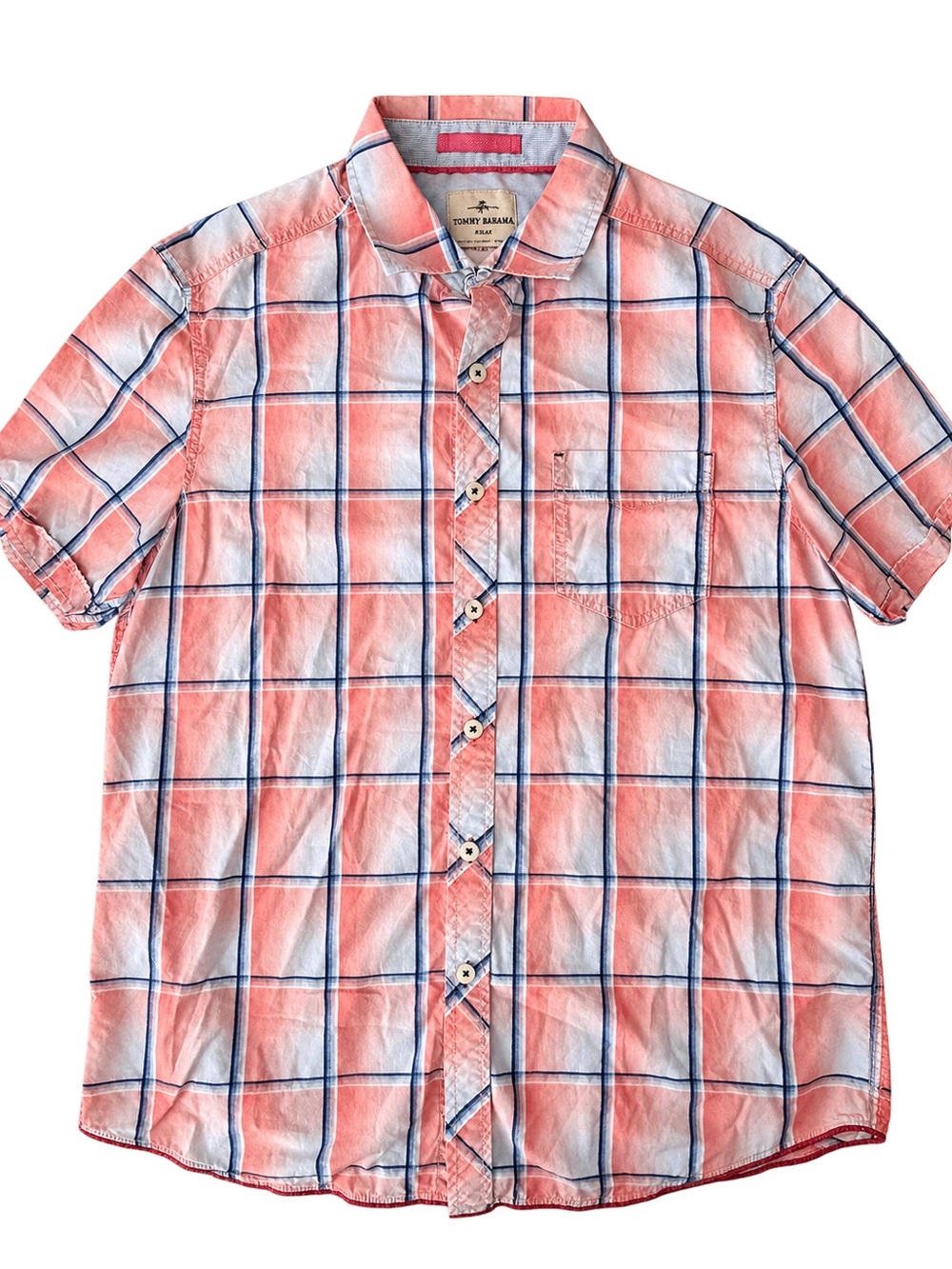 Tommy Bahama Coral and Navy Plaid Short-Sleeve Button-Down Shirt